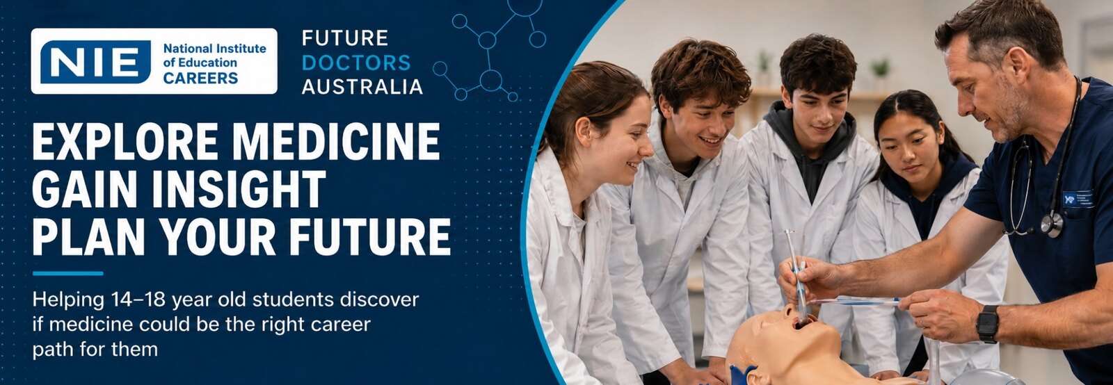 Doctor guiding students aged 14–18 through simulated medical experience during the Future Doctors Australia program